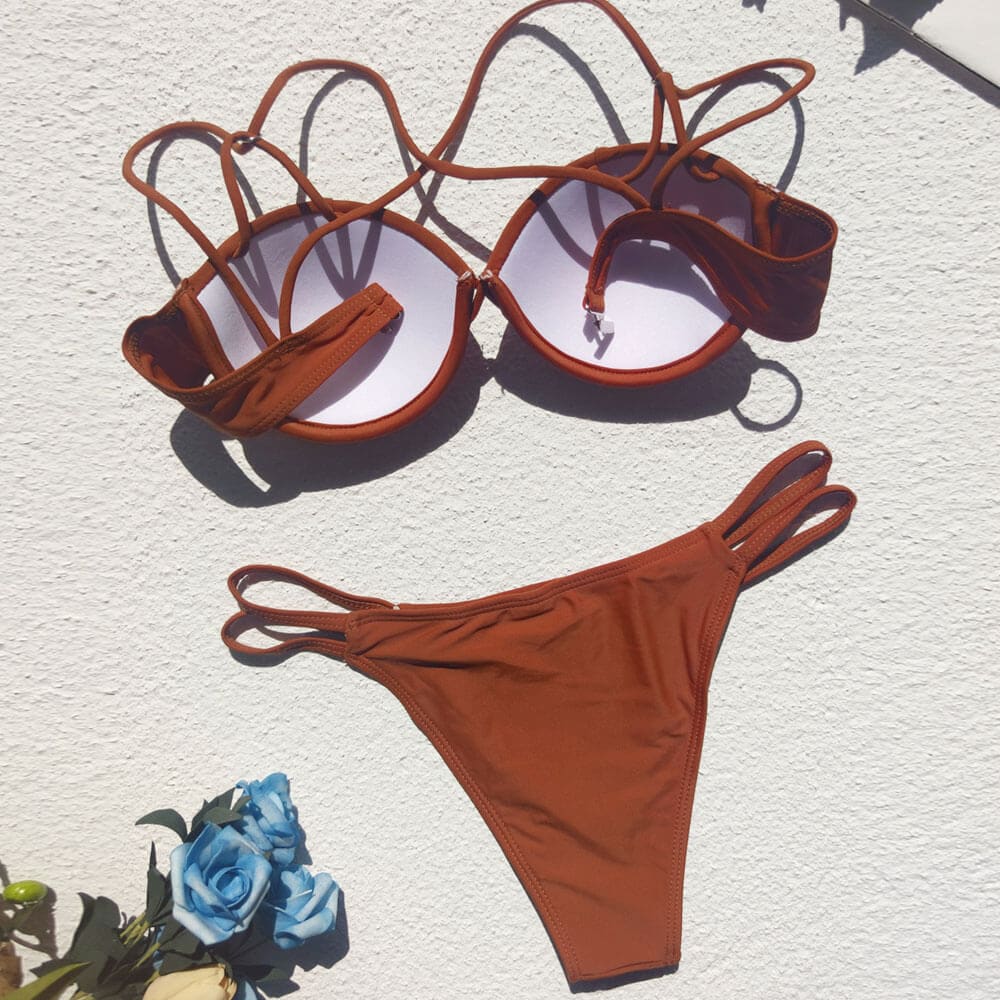 Cut Out Crisscross Underwire Brazilian Bikini Swimsuit - On sale