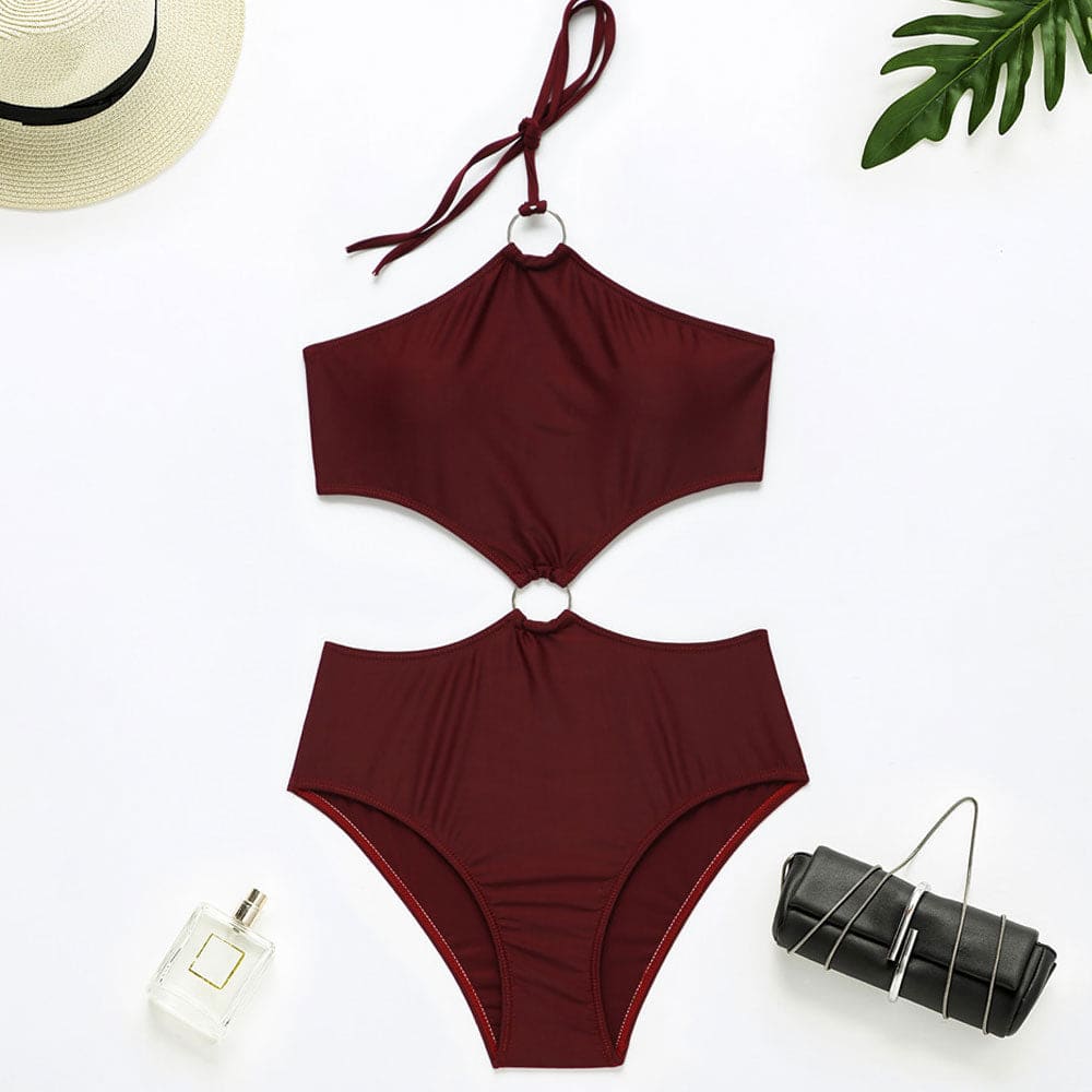Cut Out O Ring Halter Monokini One Piece Swimsuit - On sale