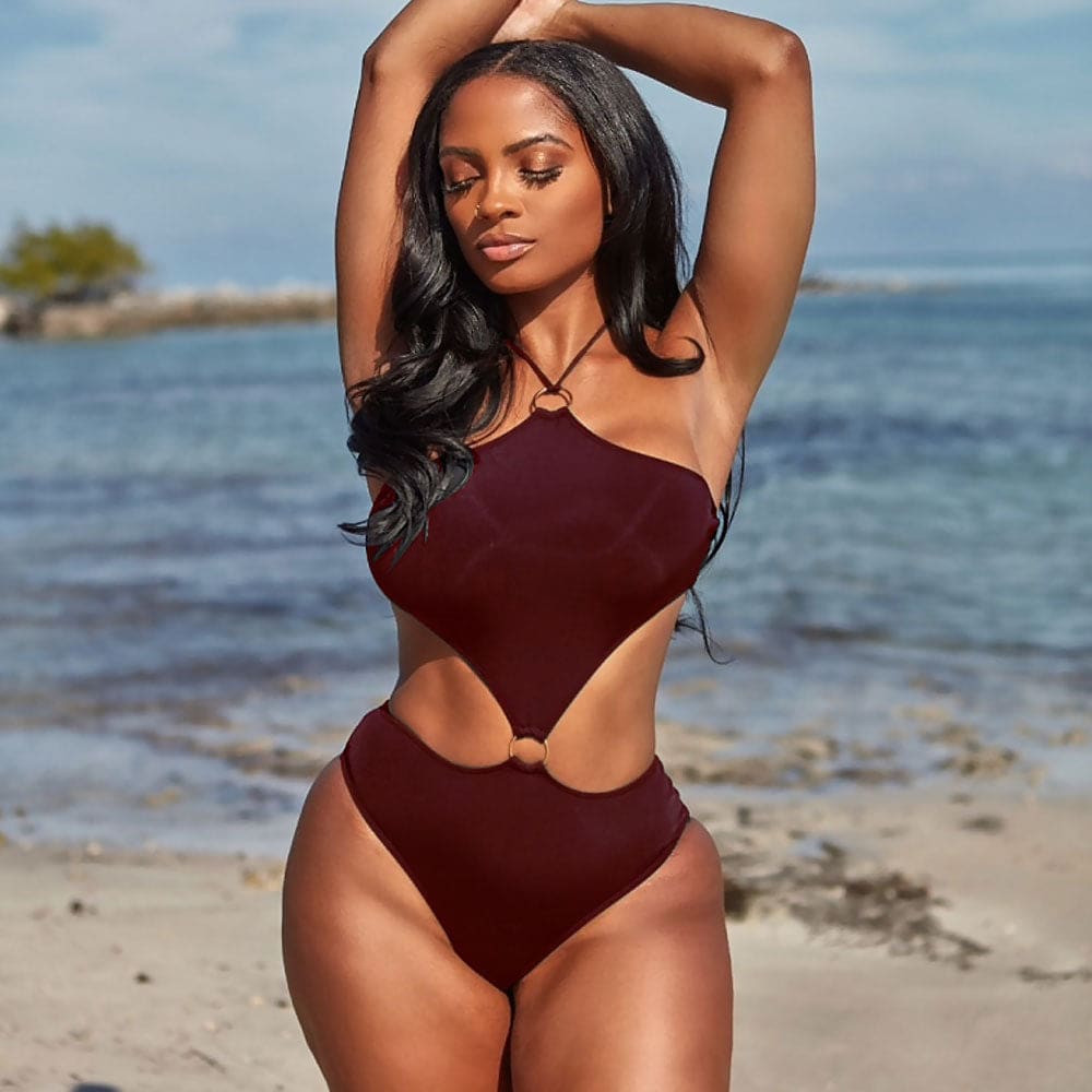 Cut Out O Ring Halter Monokini One Piece Swimsuit - Burgundy / S On sale