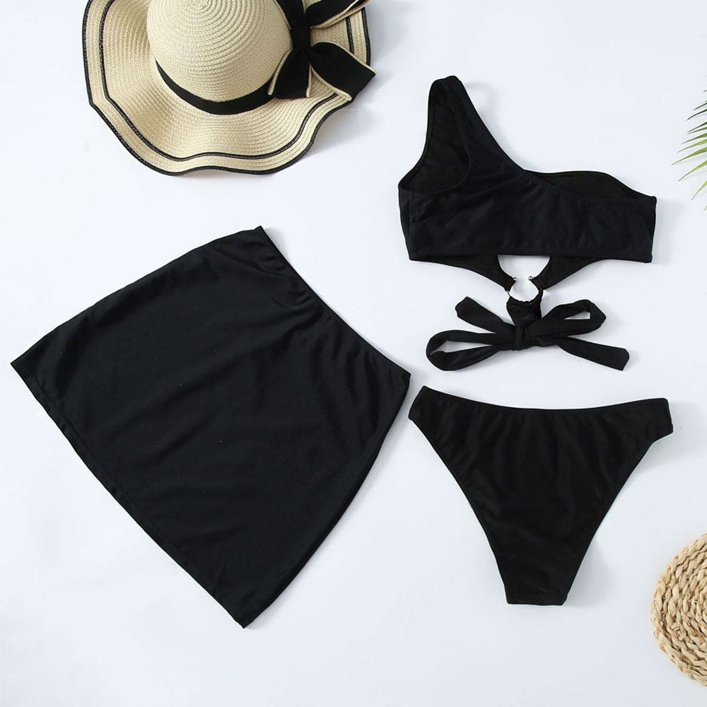 CutOut O Ring One Shoulder Sarong Three Piece Swimsuit - On sale