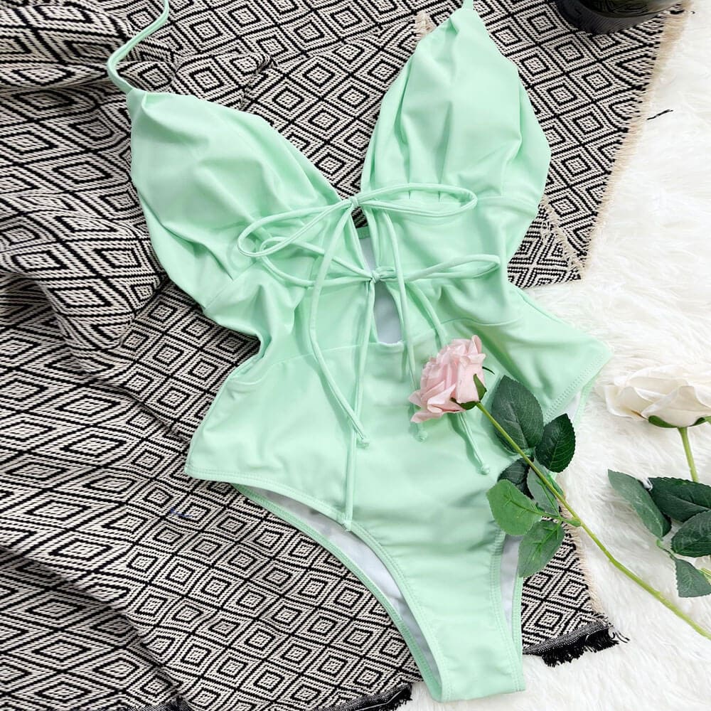 Cutout Tie String Halter Brazilian One Piece Swimsuit - On sale