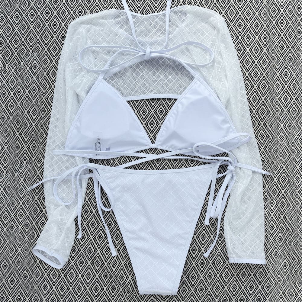 Diamond String Halter Triangle Three Piece Swimsuit - Sunnybikinis