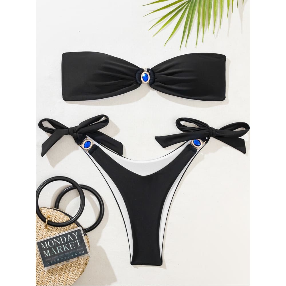 Diamond Tie Side Bandeau Bikini Swimsuits - On sale