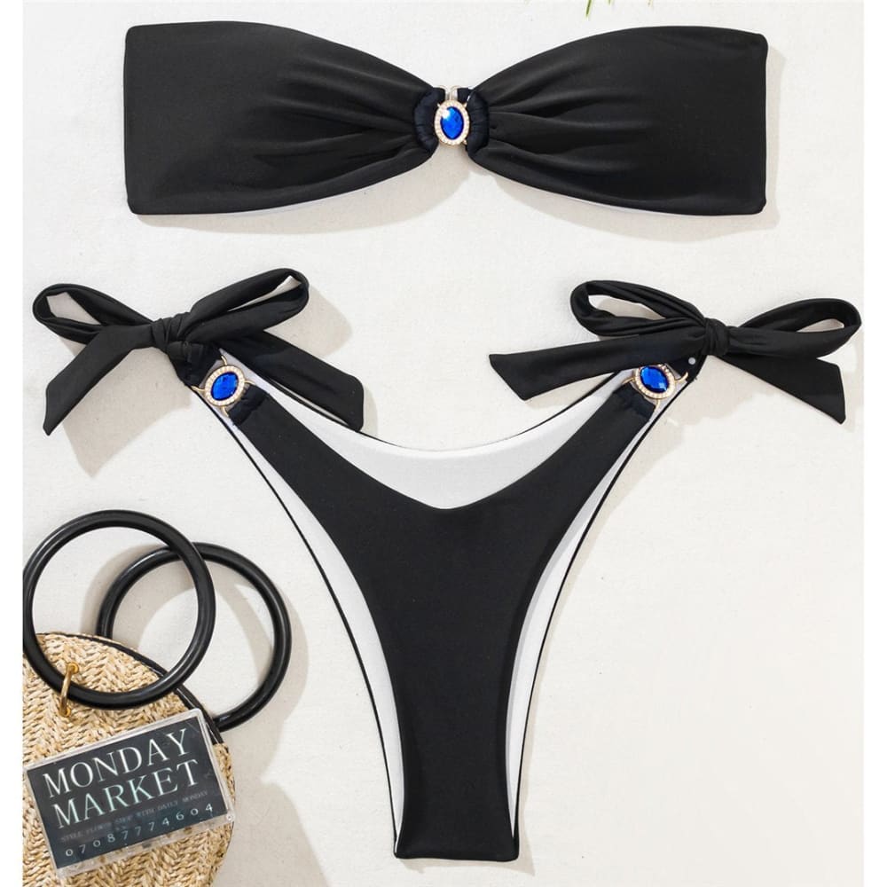 Diamond Tie Side Bandeau Bikini Swimsuits - black / S On sale