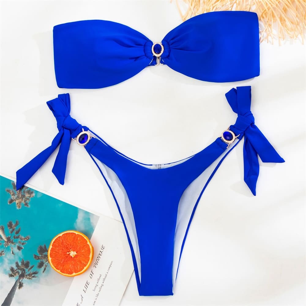 Diamond Tie Side Bandeau Bikini Swimsuits - Blue / S On sale