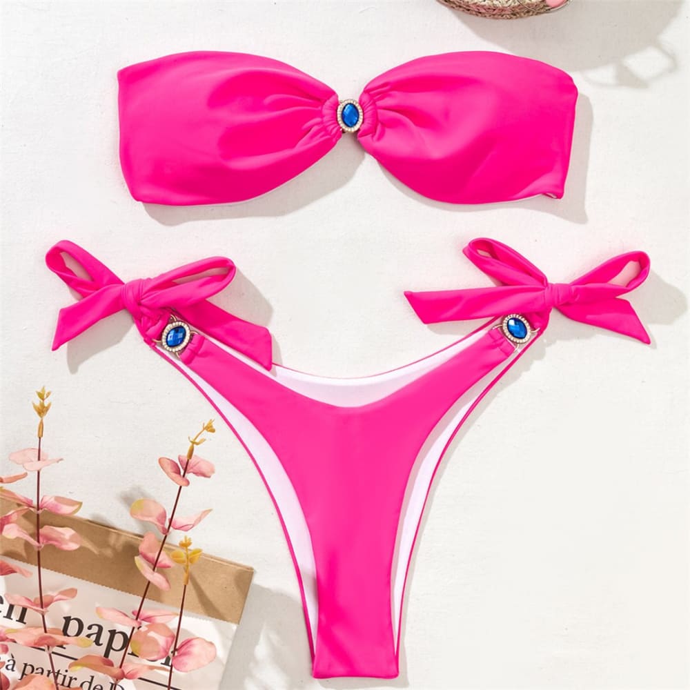Diamond Tie Side Bandeau Bikini Swimsuits - Hot Pink / S On sale