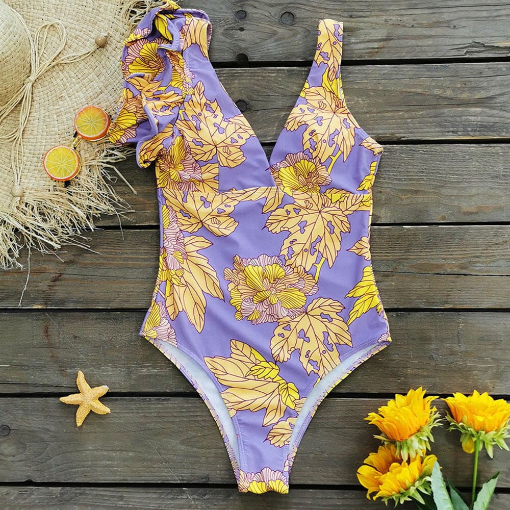 Floral Asymmetric Ruffle Brazilian One Piece Swimsuit - On sale