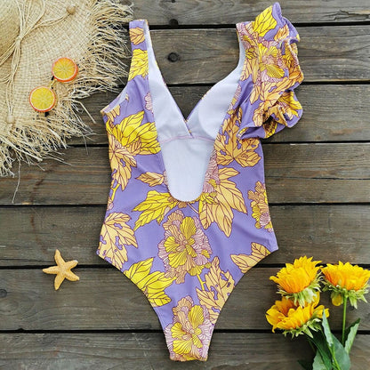 Floral Asymmetric Ruffle Brazilian One Piece Swimsuit - On sale