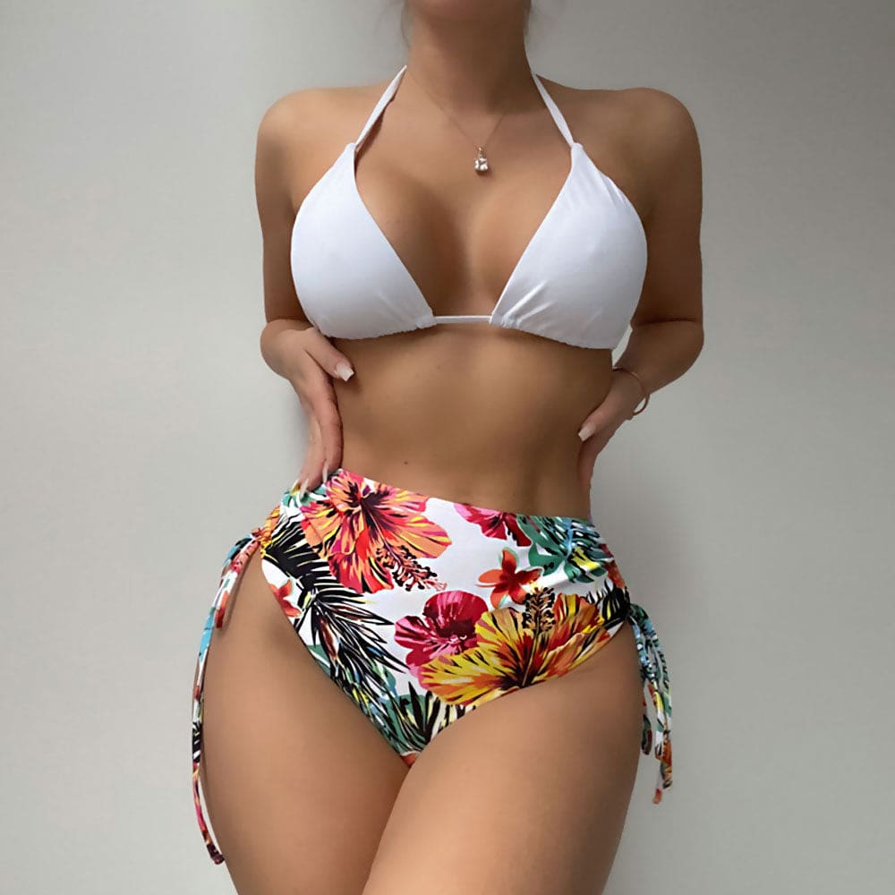 Floral Contrast High Waist Brazilian Bikini Swimsuits - On sale