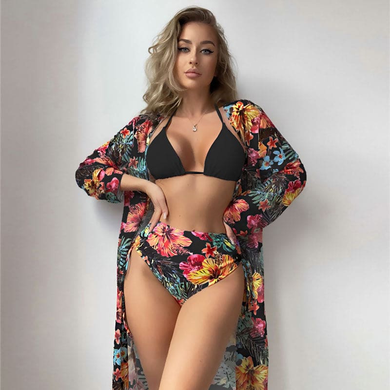 Floral Contrast High Waist Brazilian Bikini Swimsuits - Black / S On sale