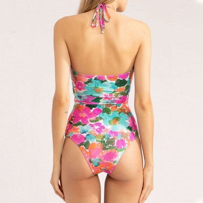 Floral Cutout Halter Brazilian One Piece Swimsuit - On sale