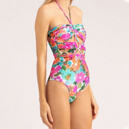 Floral Cutout Halter Brazilian One Piece Swimsuit - Pink / S On sale