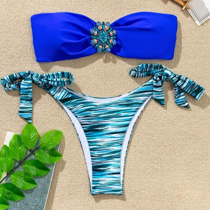 Floral Diamond Bandeau Brazilian Bikini Swimsuits - B700Blue / S On sale