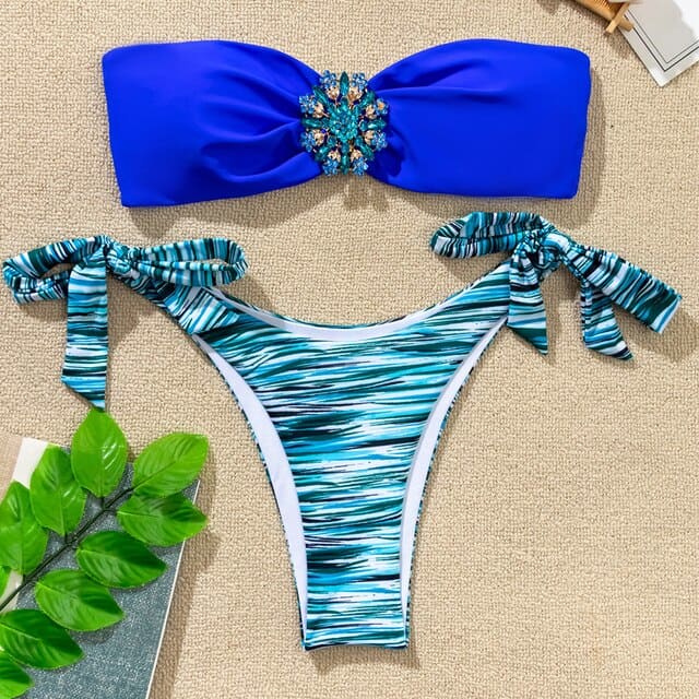 Floral Diamond Bandeau Brazilian Bikini Swimsuits - B700Blue / S On sale