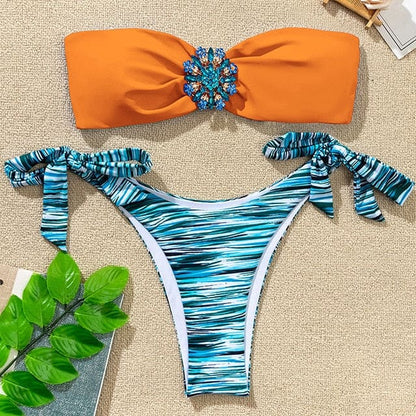 Floral Diamond Bandeau Brazilian Bikini Swimsuits - B700Orange / S On sale