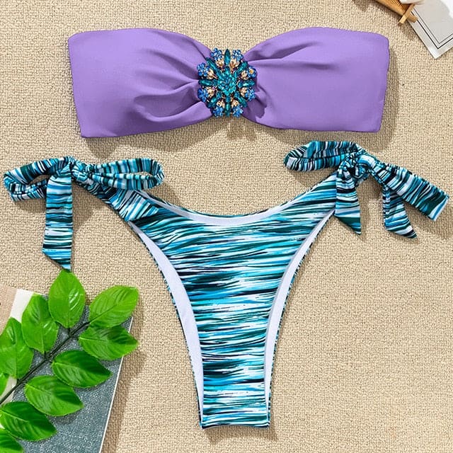 Floral Diamond Bandeau Brazilian Bikini Swimsuits - B700Purple / S On sale