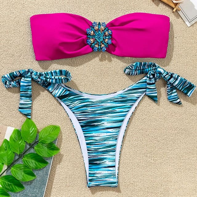 Floral Diamond Bandeau Brazilian Bikini Swimsuits - B700Rose / S On sale