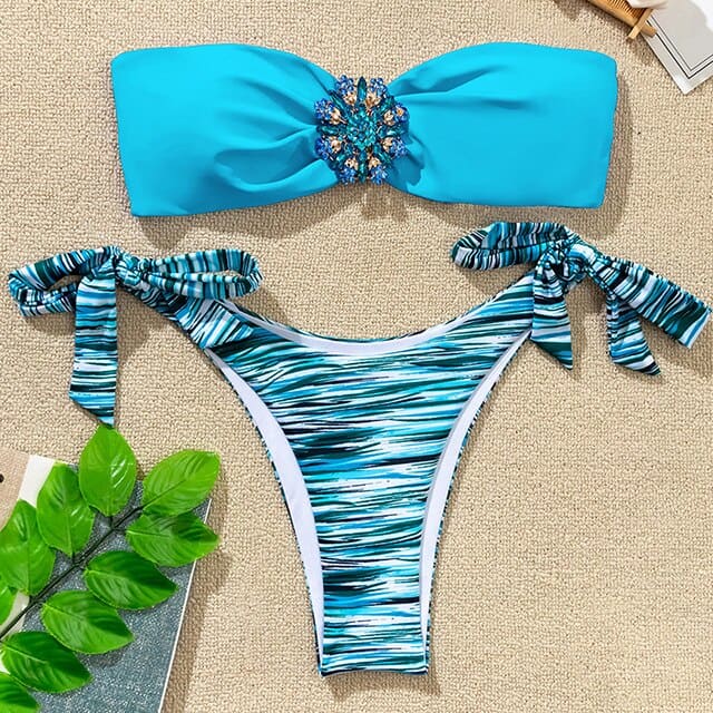 Floral Diamond Bandeau Brazilian Bikini Swimsuits - B700SkyBlue / S On sale