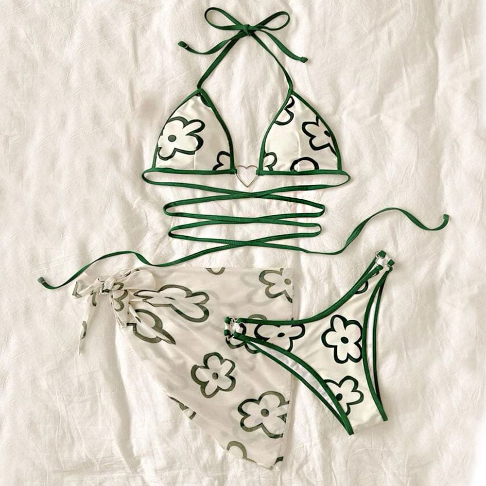 Floral Heart Trim Halter Triangle Three Piece Swimsuit - On sale