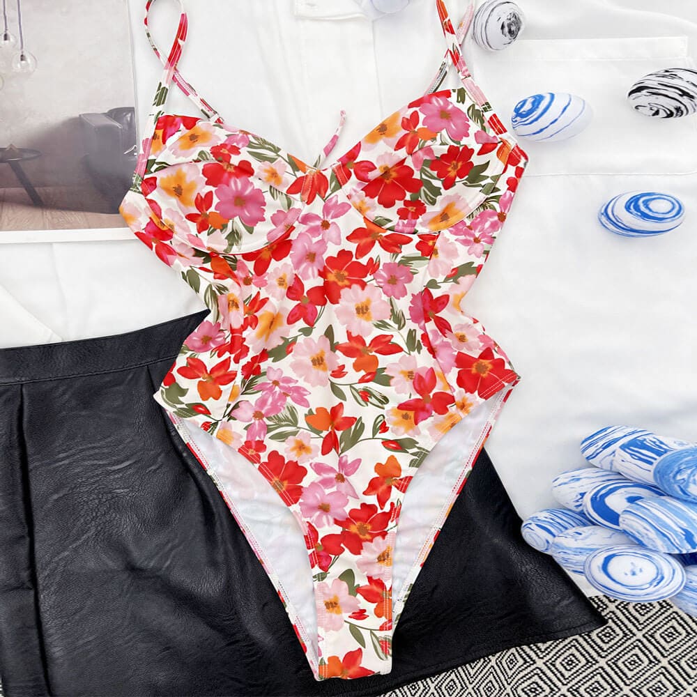 Floral High Cut Underwire Push Up One Piece Swimsuit - On sale
