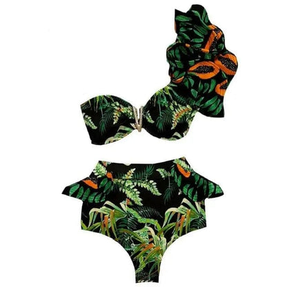 Floral Print High Waist Ruffle Shoulder Bikini Swimsuit - MO19878G3 / S On sale