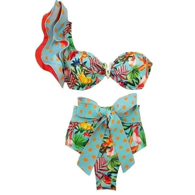 Floral Print High Waist Ruffle Shoulder Bikini Swimsuit - MO19878O1 / S On sale