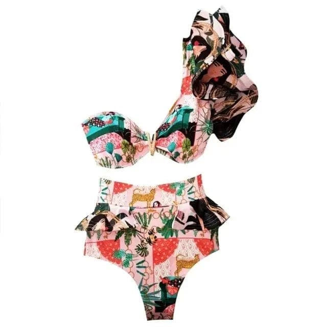 Floral Print High Waist Ruffle Shoulder Bikini Swimsuit - MO19878P2 / S On sale