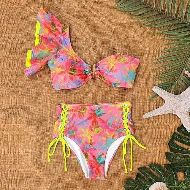 Floral Print High Waist Ruffle Shoulder Bikini Swimsuit - SW19948P1 / S On sale