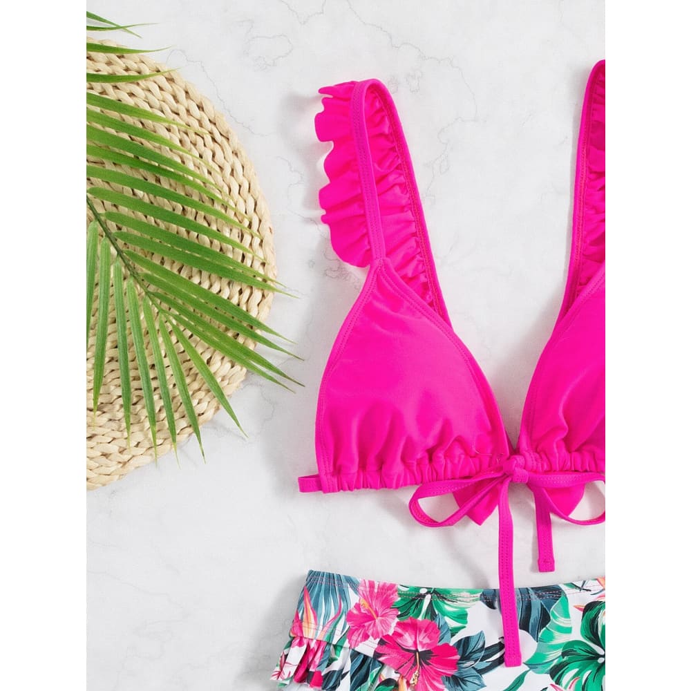 Floral Ruffle High Leg Triangle Bikini Swimsuits - On sale