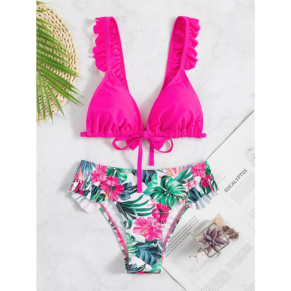 Floral Ruffle High Leg Triangle Bikini Swimsuits - On sale