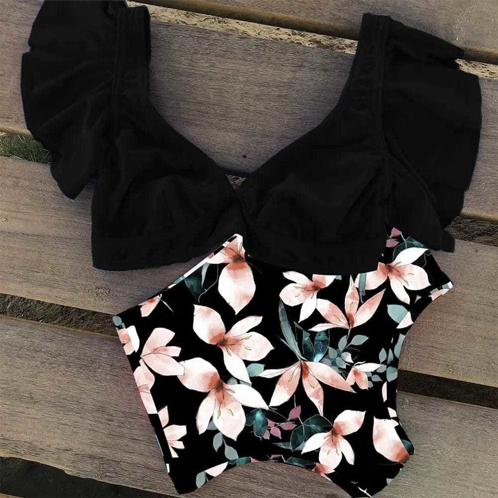 Floral Ruffled V-neck High-waisted Bikini Swimsuit - On sale