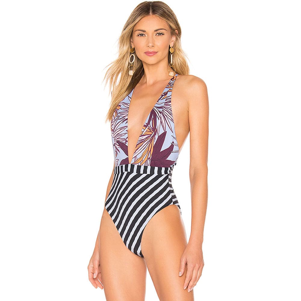 Floral Stripe Low Back V Neck One Piece Swimsuit - S On sale