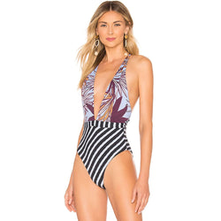 Floral Stripe Low Back V Neck One Piece Swimsuit - S On sale