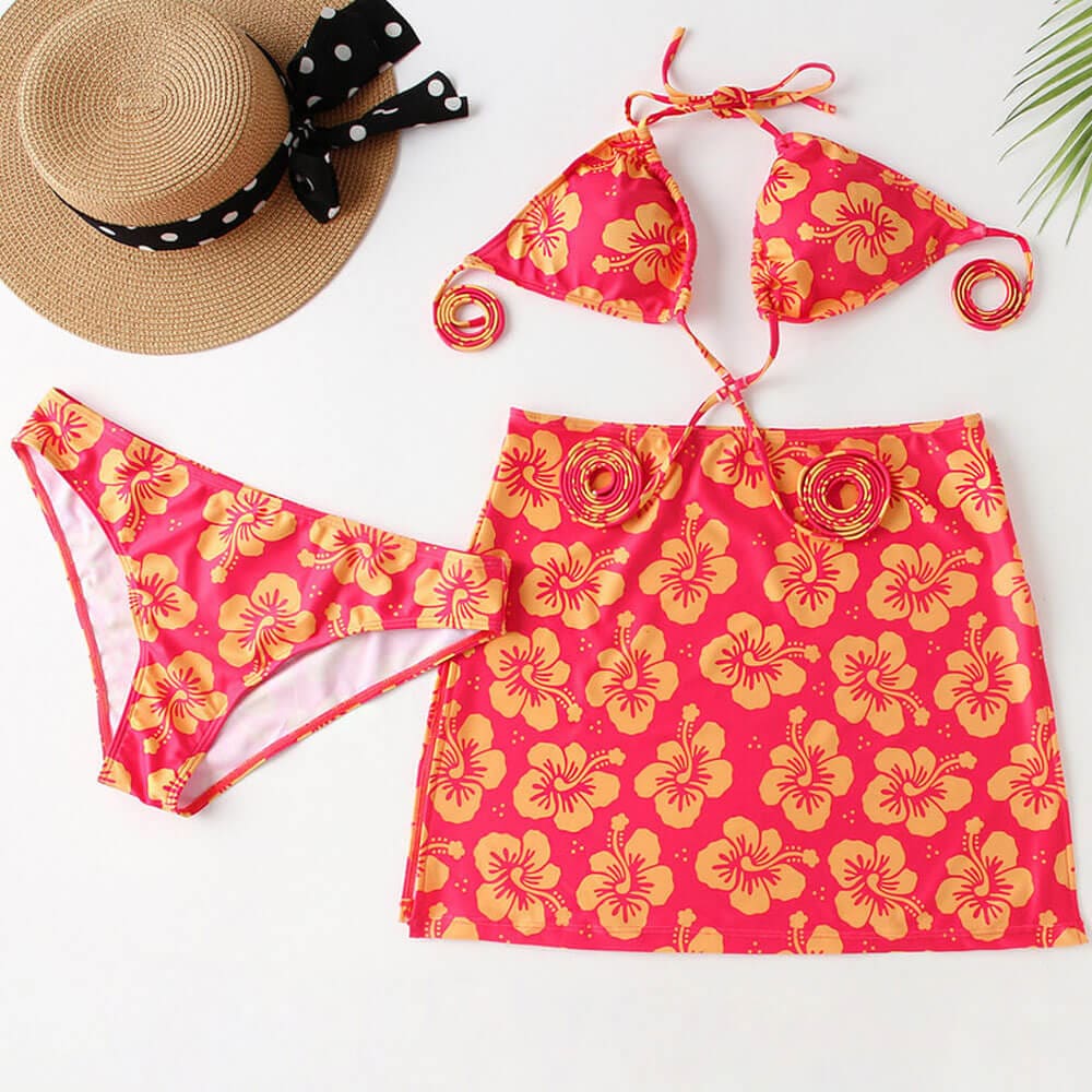 Floral Tie Sting Triangle Three Piece Swimsuit - On sale