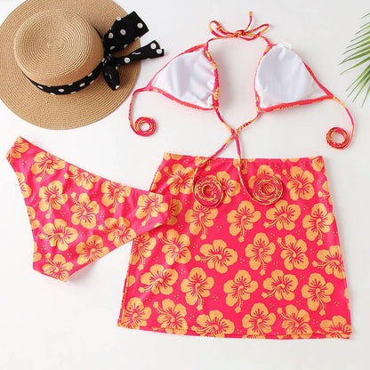 Floral Tie Sting Triangle Three Piece Swimsuit - On sale