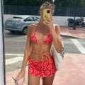 Floral Tie Sting Triangle Three Piece Swimsuit - Red / S On sale