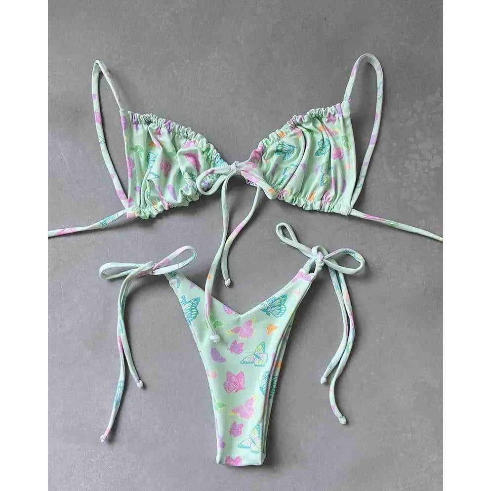 Floral Tie String Sliding Triangle Bikini Swimsuit - On sale