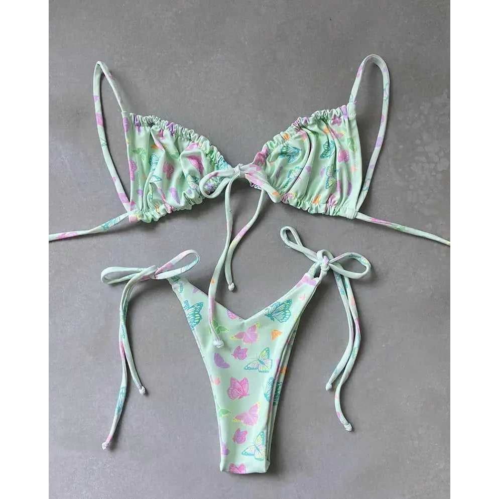 Floral Tie String Sliding Triangle Bikini Swimsuit - Sunnybikinis