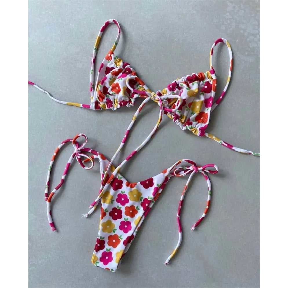 Floral Tie String Sliding Triangle Bikini Swimsuit - Sunnybikinis