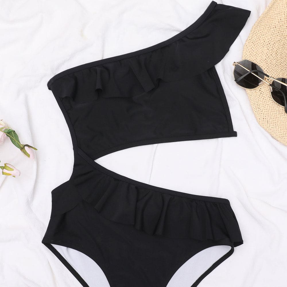 Flounce Ruffle Cutout One Shoulder Piece Swimsuit - On sale