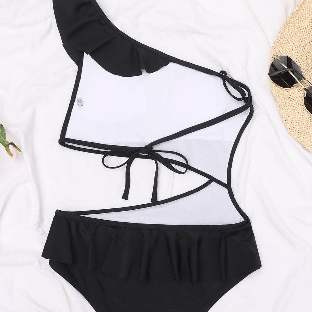 Flounce Ruffle Cutout One Shoulder Piece Swimsuit - On sale