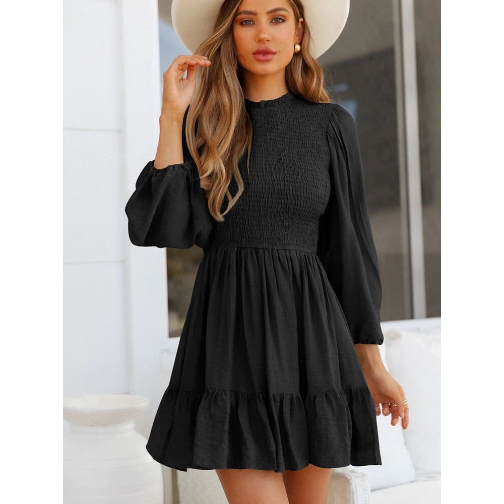 French Ruffle High Neck Beach Mini Dresses - Black / S On sale