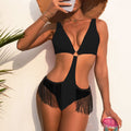 Fringe Cut Out Brazilian Monokini One Piece Swimsuit - Black / S On sale