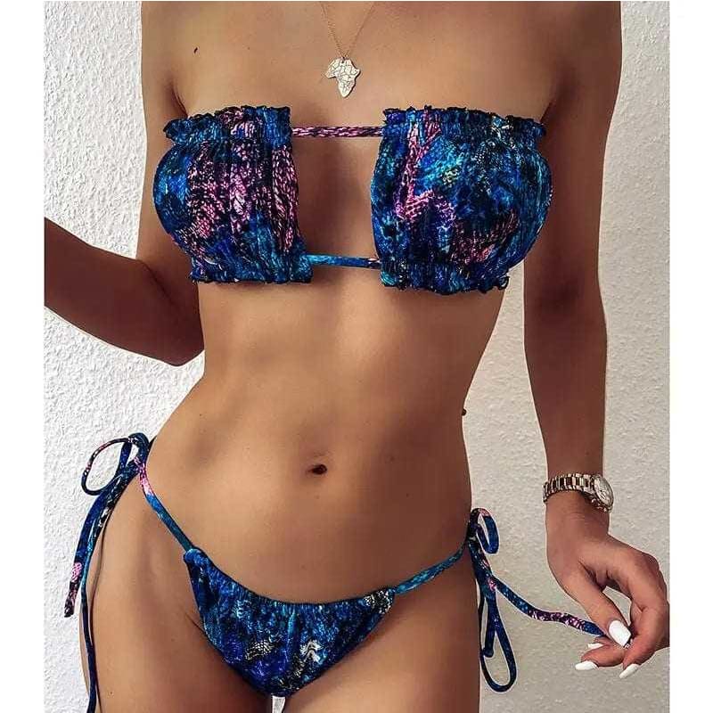 Galaxy Print Tie String Bandeau Brazilian Thong Bikini Swimsuit - On sale