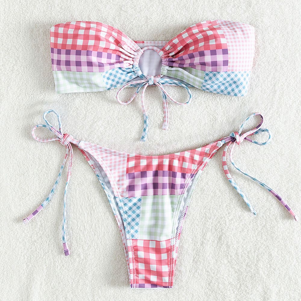 Gingham Patchwork Tie String Bandeau Bikini Swimsuit - On sale