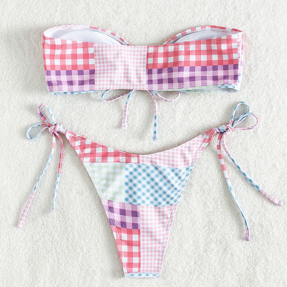 Gingham Patchwork Tie String Bandeau Bikini Swimsuit - On sale