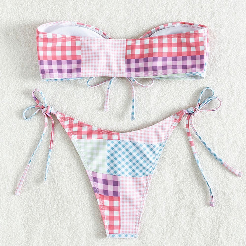 Gingham Patchwork Tie String Bandeau Bikini Swimsuit - Sunnybikinis