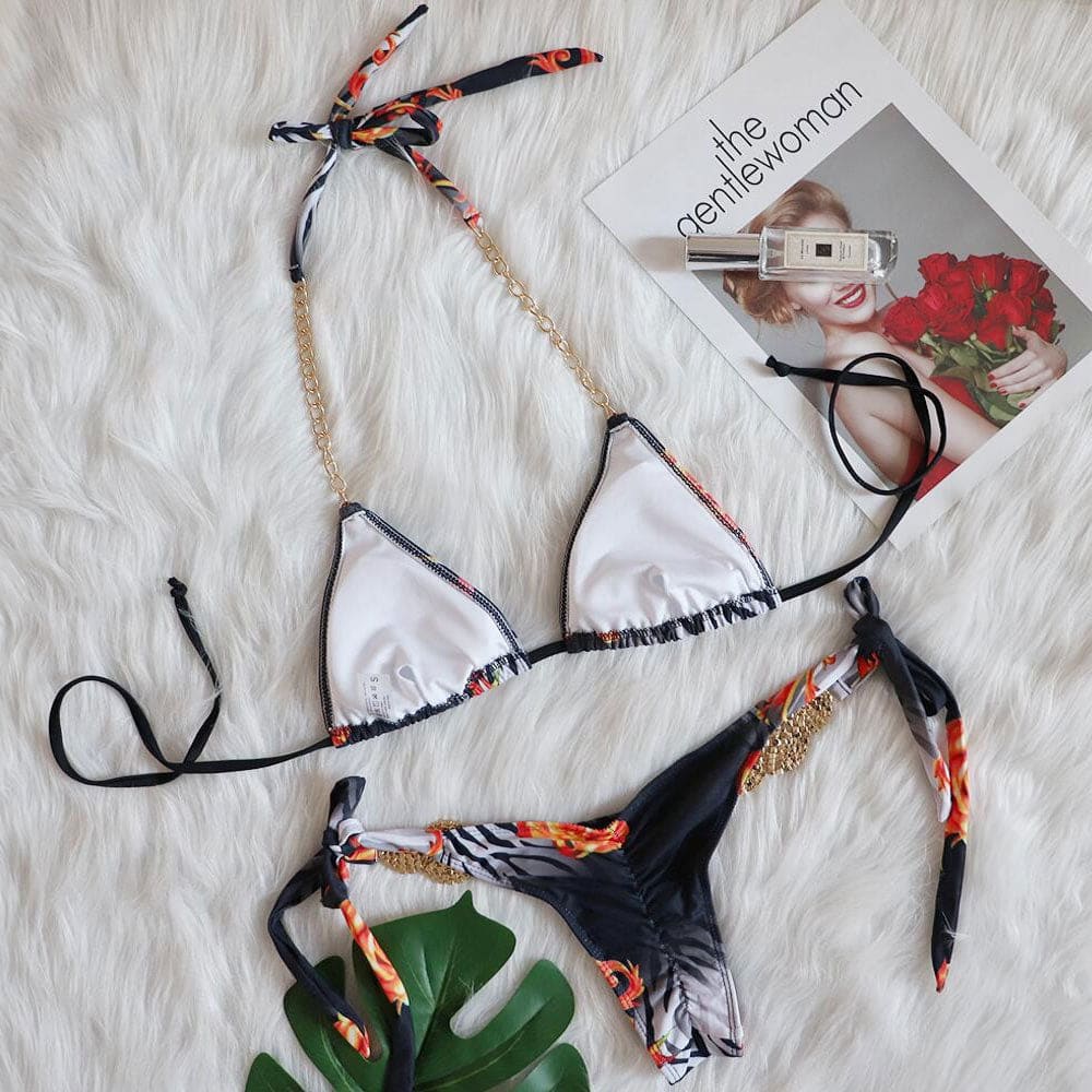 Glitter Crystal Chain Brazilian Three Piece Bikini Swimsuit - On sale