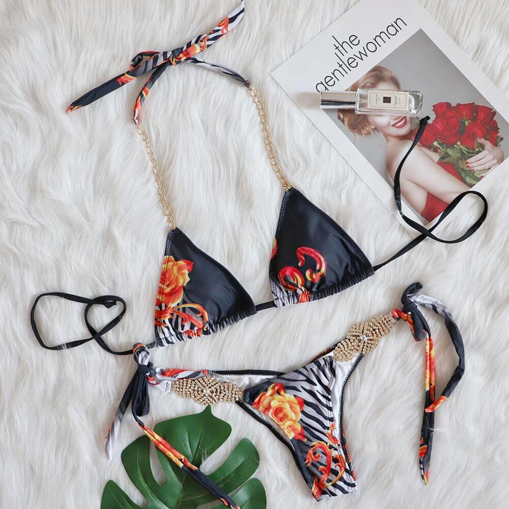 Glitter Crystal Chain Brazilian Three Piece Bikini Swimsuit - On sale