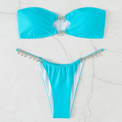 Glitter Crystal Fringe Cutout Strapless Bikini Swimsuit - On sale